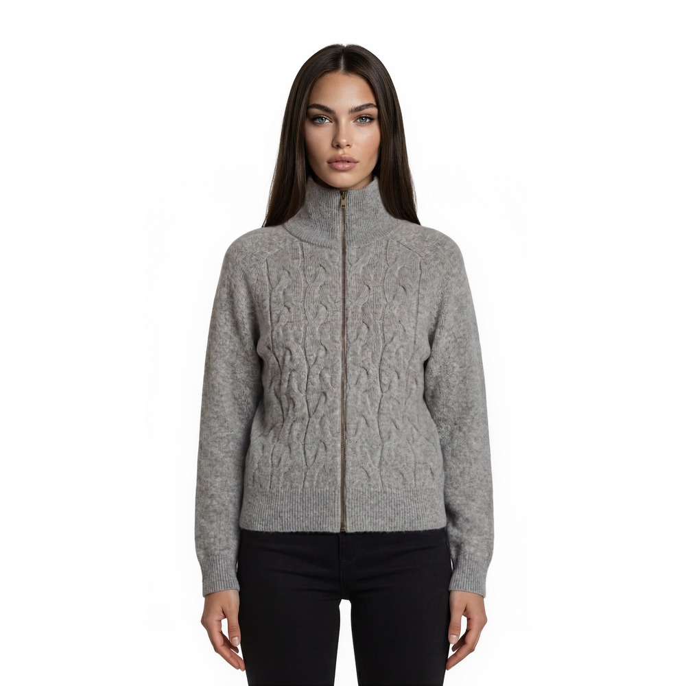 Talbots Full Zip Cardigan Sweater Women's Size Large Gray Cable Knit Funnel Neck